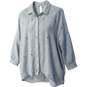 Zara Basic Z1975 Denim Light Blue Embroidered Cactus Button Down Shirt Small